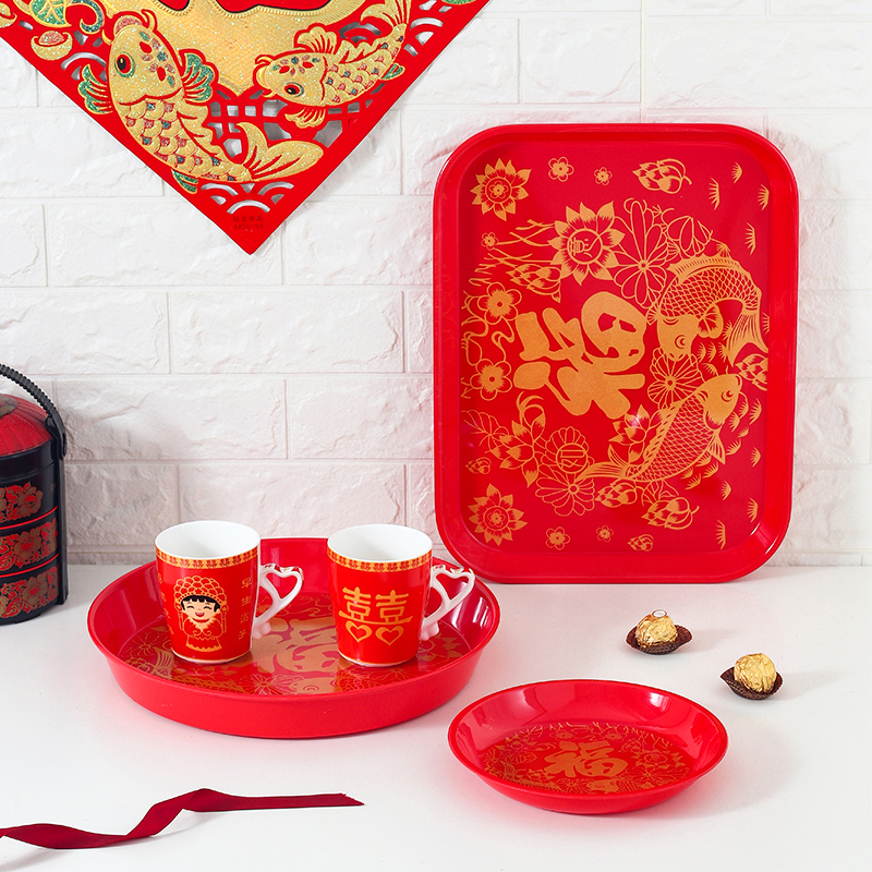 喜庆托盘长方形敬茶结婚红色圆形