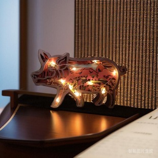 北美森林动物家居装饰木质摆件工艺品创意狼图腾木制雕刻宠物猪款