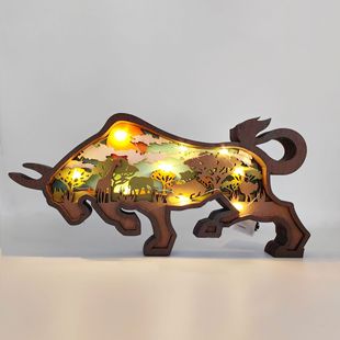 北美森林动物野牛工艺品家居装饰木质摆件多层镂空创意木制雕刻款