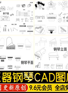 流行传统中式乐器钢琴架子鼓古筝电子琴吉他小提琴平立面CAD图库