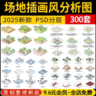 ps源文件 前期分析图景观滨水公园psd分层 场地分析 小清新插画风