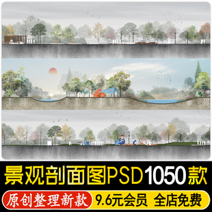 建筑景观公园道路驳岸PS断面分析图立面剖面图竞赛风PSD分层素材
