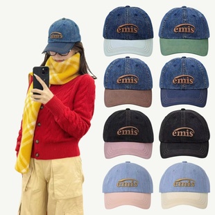 韩国代购emis新款拼接牛仔帽女大头围显脸小棒球帽夏季百搭鸭舌帽
