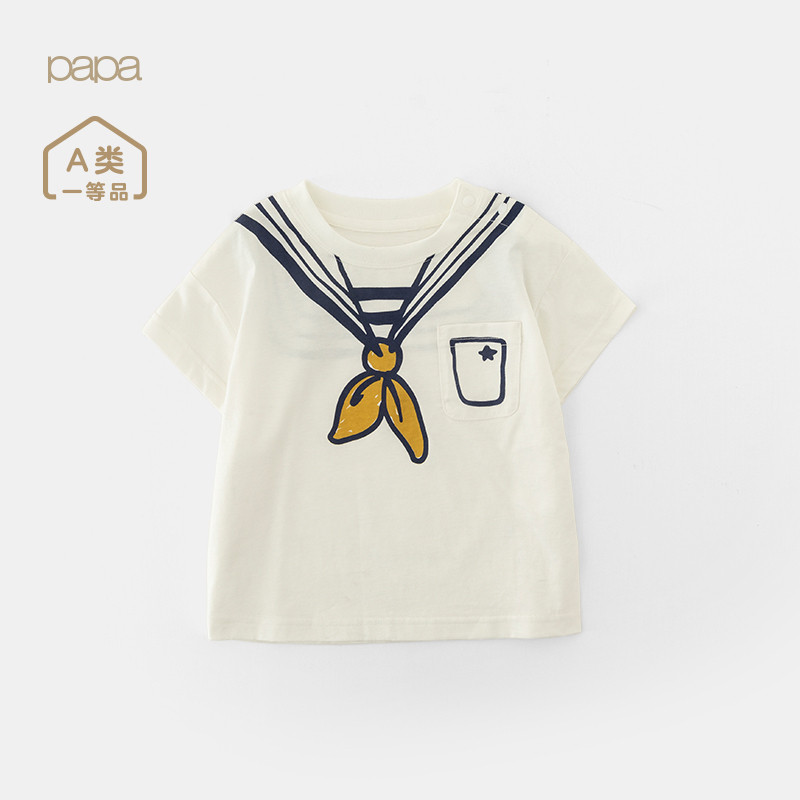 【新品】papa爬爬夏季男女童圆领T恤海军风印花纯棉可爱短袖上衣
