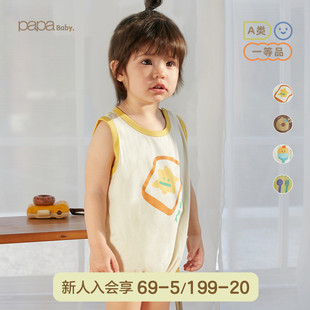 papa夏季 連體衣嬰兒哈衣23爬服背心 包屁衣薄款 男女寶寶純棉無(wú)袖