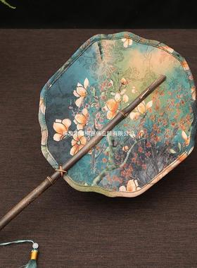 Rra1紫竹手工缎面竹编扇子大扇复古绣花团扇古风加厚宣纸扇扇蒲扇