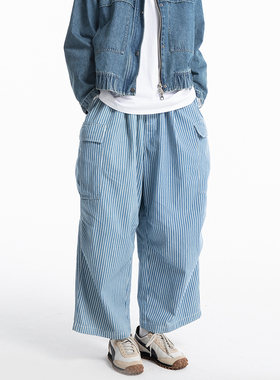 Shounenn原创日系复古条纹工装裤男秋冬宽松廓形多口袋直筒长裤潮