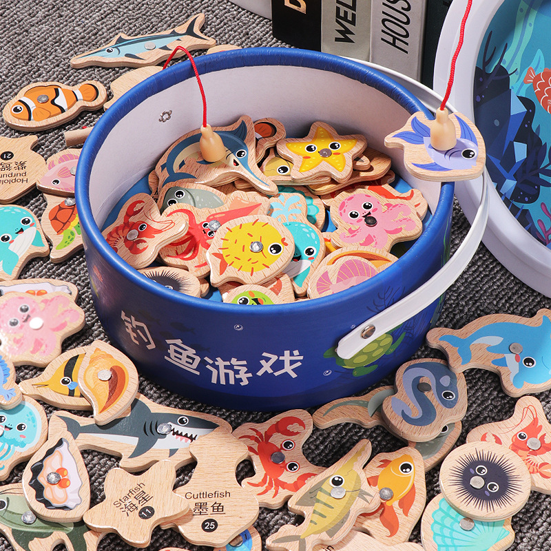 木制桶装海洋钓鱼玩具儿童早教