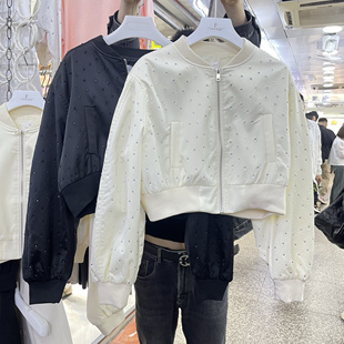 欧货早春黑色烫钻棒球服女款新款小个子宽松显瘦休闲运动外套上衣