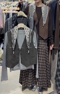 配丝巾短款 T恤三件套女2025秋季 上衣 长袖 韩系气氛感皮衣马甲