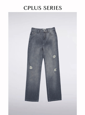 【CPLUS SERIES】新品灰色牛仔破洞直筒裤
