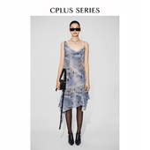 牛仔做旧图案吊带连衣裙 SERIES ivy吕颖同款 CPLUS