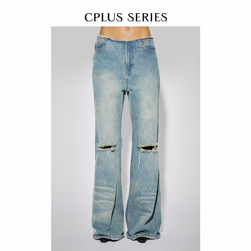 【CPLUS SERIES】无腰头水洗破洞微喇牛仔裤子