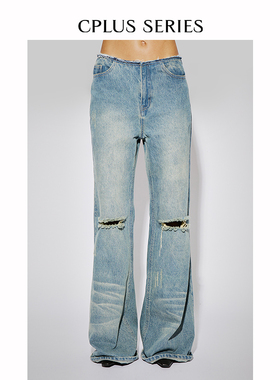 【CPLUS SERIES】无腰头水洗破洞微喇牛仔裤子
