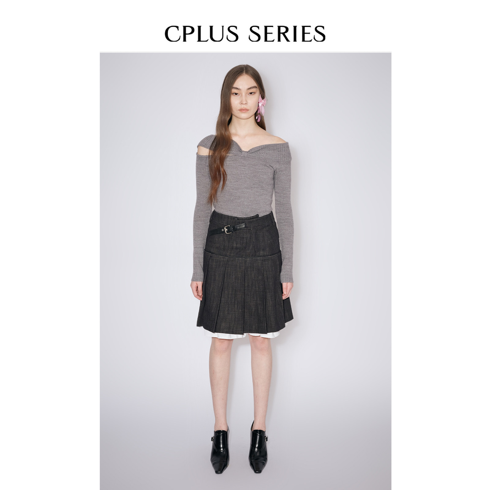 秋冬新品【CPLUS SERIES】腰带拼接A字假两件褶裙
