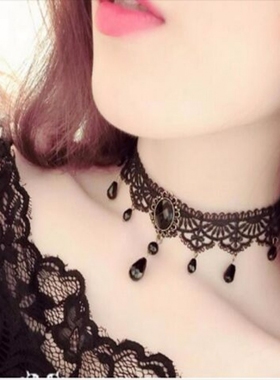 项链女锁骨韩版学生黑色蕾丝吊坠