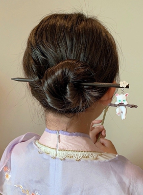 猫咪立体黑檀木发簪古风