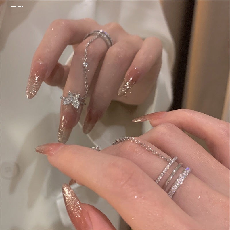 ins网红蝴蝶流苏连指戒指女小众设计超闪镶钻指甲指尖戒食指指环