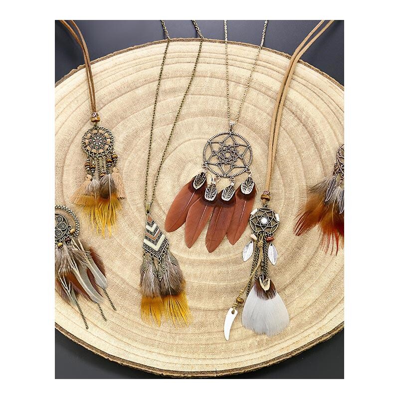 欧美新款羽毛项链圆形镂空捕梦网个性月牙形长款羽毛流苏衬衫链