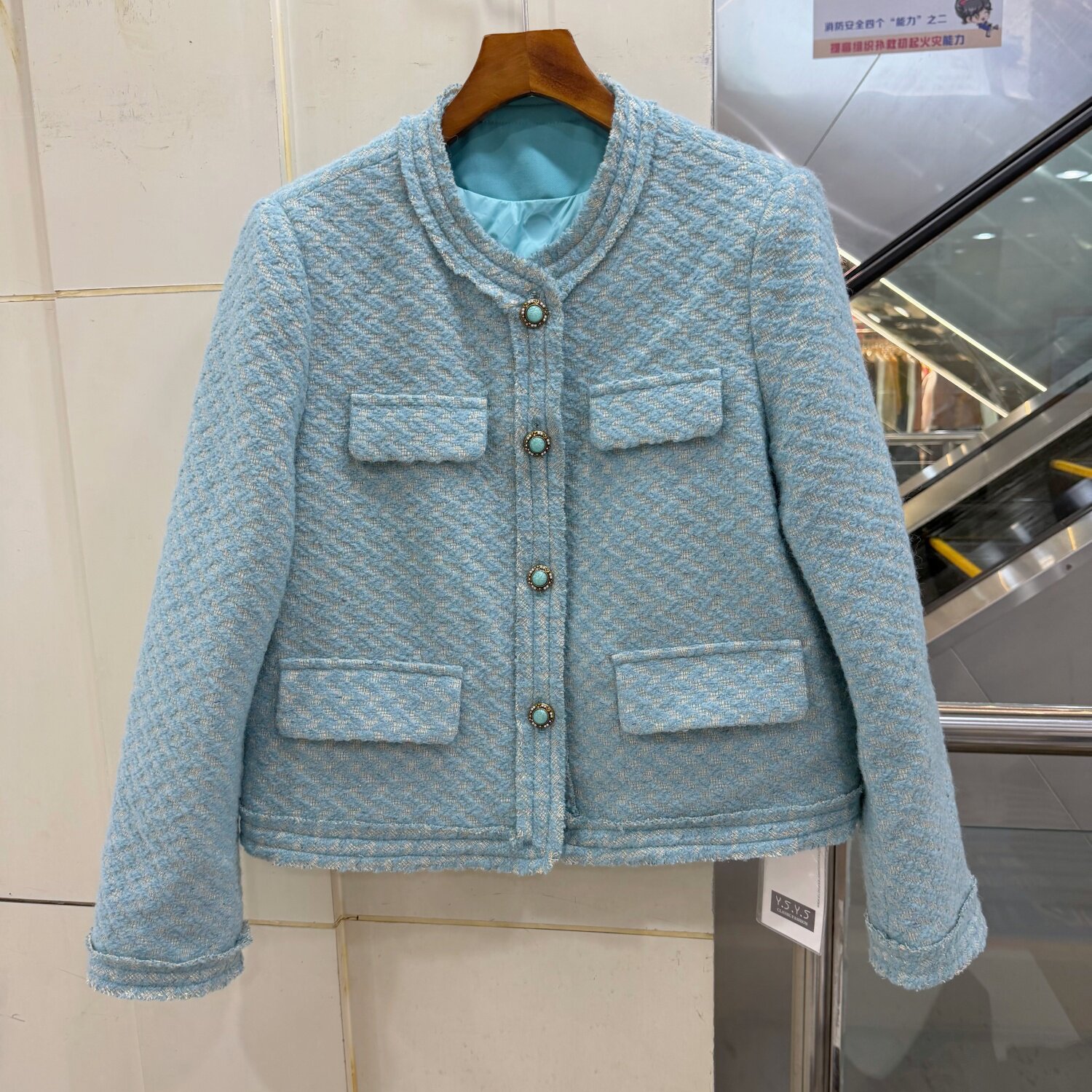 YSYS 36072 欧洲站流苏毛边单排扣千鸟格小香风羊毛呢羽绒服外套
