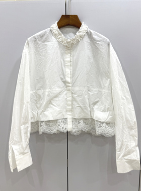 6M011欧洲站26春时尚木耳边立领蕾丝拼接下摆单排扣短款衬衫上衣