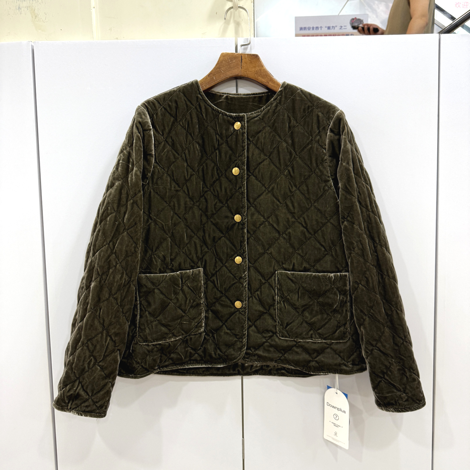 28835822欧洲站2025冬单排扣圆领菱形格桑蚕丝丝绒鹅绒短装羽绒服