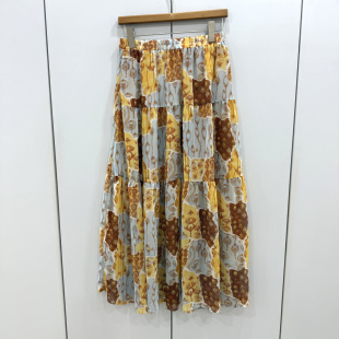 A68-86298欧货春时尚松紧高腰宽松显瘦垂感雪纺纱印花中长半身裙