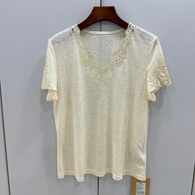 瓦琳汀娜75159欧货2026春夏时尚镂空蕾丝花边V领舒适天丝短袖T恤