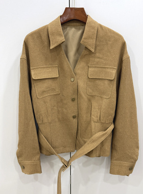 MX26321欧洲站2026春时尚剪刀翻领系带收腰人丝亚麻亮丝短款外套