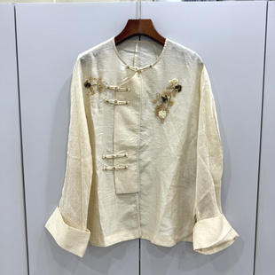 JD789欧货26春时尚 圆领盘扣斜门襟重工钉珠刺绣人丝提花国风衬衫