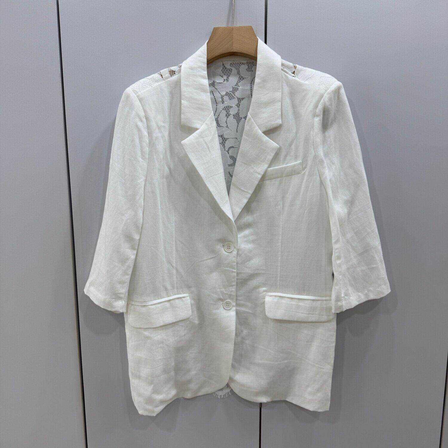 88013欧货后背透视蕾丝拼接系带收腰两粒扣七分袖薄款西装外套夏