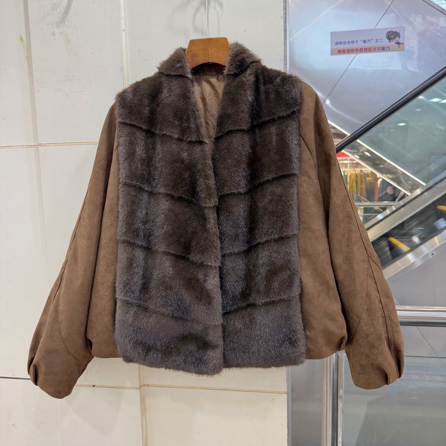 9025 欧洲站2026冬胸前仿水貂皮草拼接V领休闲短装羽绒服派克服
