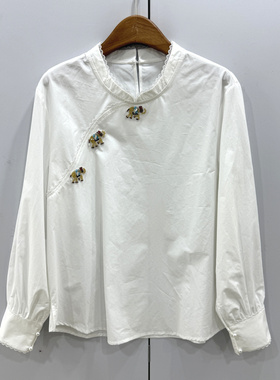 26667欧洲站26春国风复古优雅气质轻奢卡通烫钻盘扣宽松衬衫小衫