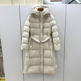 ZY065欧洲站2025冬时尚 连帽羽绒服 拼皮门禁腰带收腰加厚极寒长款