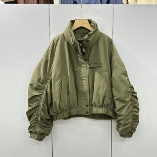 25J030欧洲站2025冬时尚 宽松百搭鸭绒羽绒外套 立领拉链弯刀抽褶袖