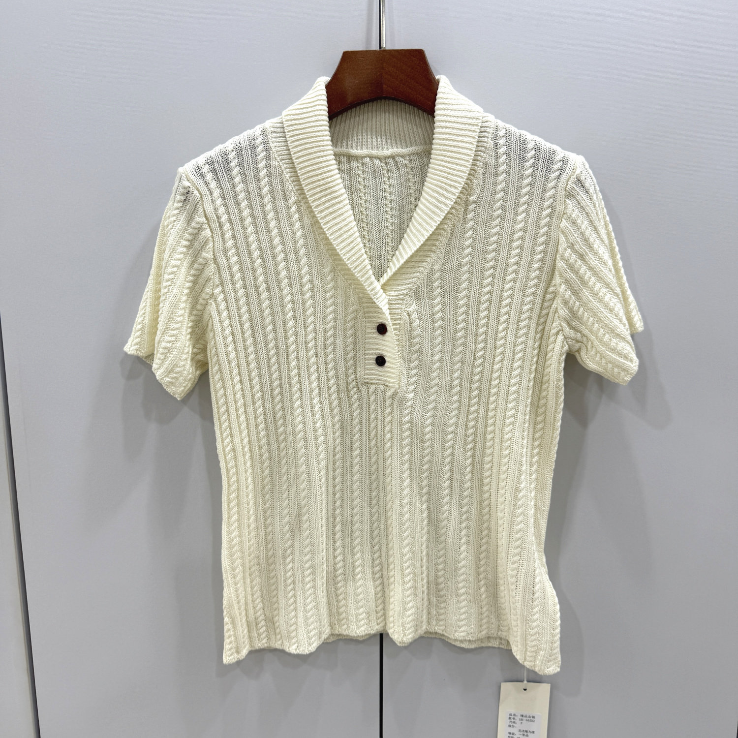 188-66592欧洲站时尚翻领麻花三粒扣亚麻短袖针织衫显瘦百搭上衣