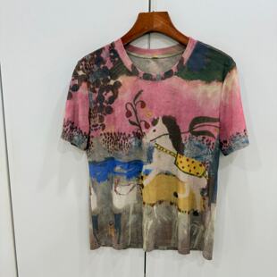 78678欧货26春夏时尚 T恤女 圆领扎染小飞马花图案减龄透气网布短袖
