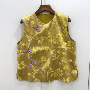 8920欧洲站2026春时尚 复古圆领不规则斜门襟盘扣人丝提花国风马甲