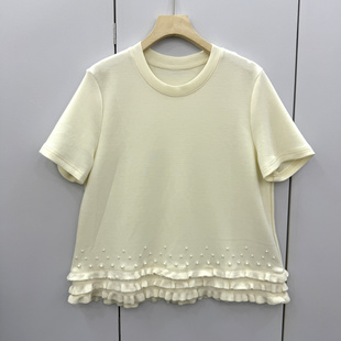 26021欧洲站2026春夏时尚 T恤女 圆领木耳边钉珍珠下摆百搭显瘦短袖