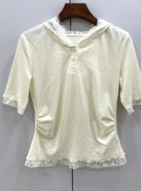 938035欧货26春夏时尚蕾丝花边连帽腰间褶皱修身百搭短袖T恤上衣