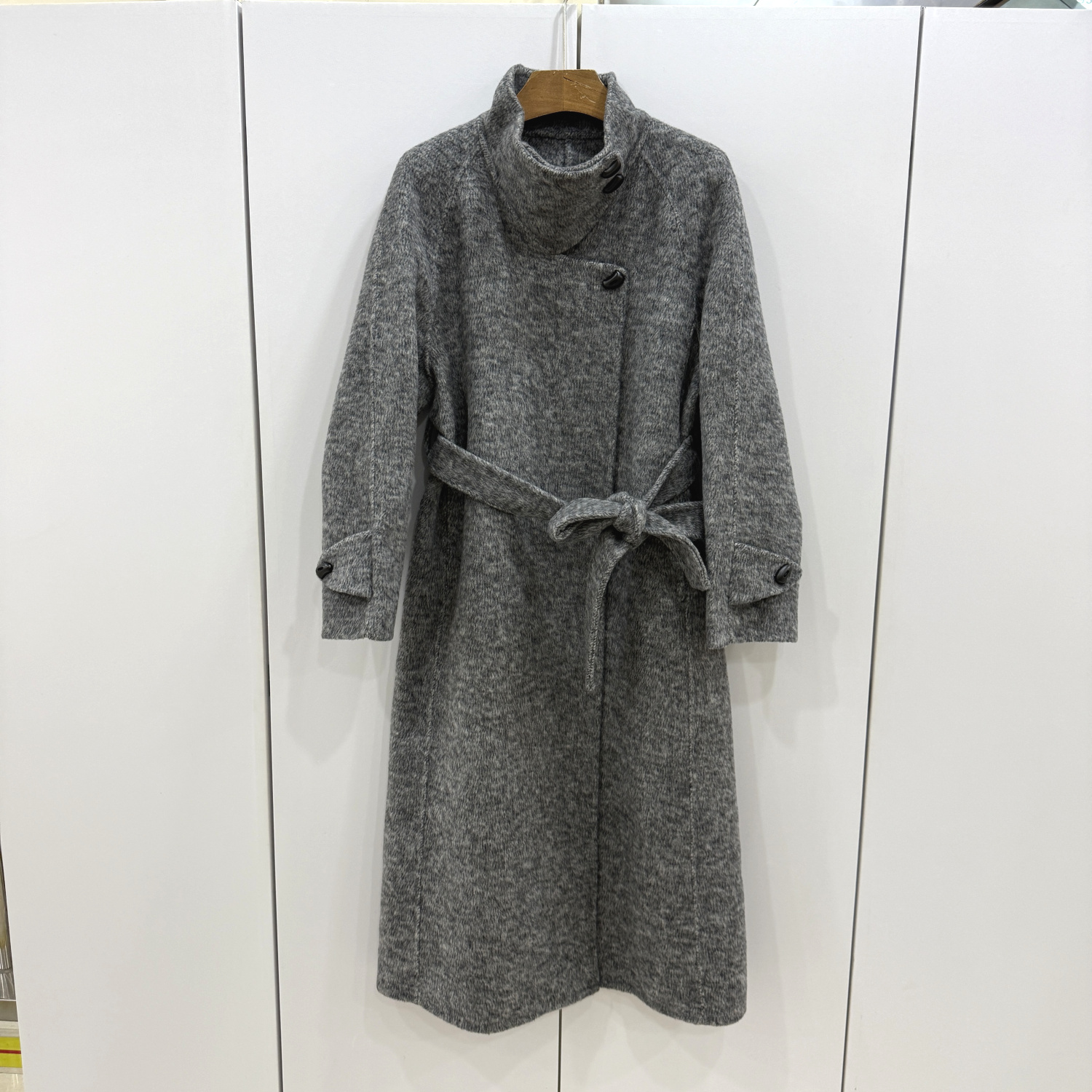 25133 欧洲站25冬侧三粒扣立领系带收腰洋气修身双面羊绒呢大衣