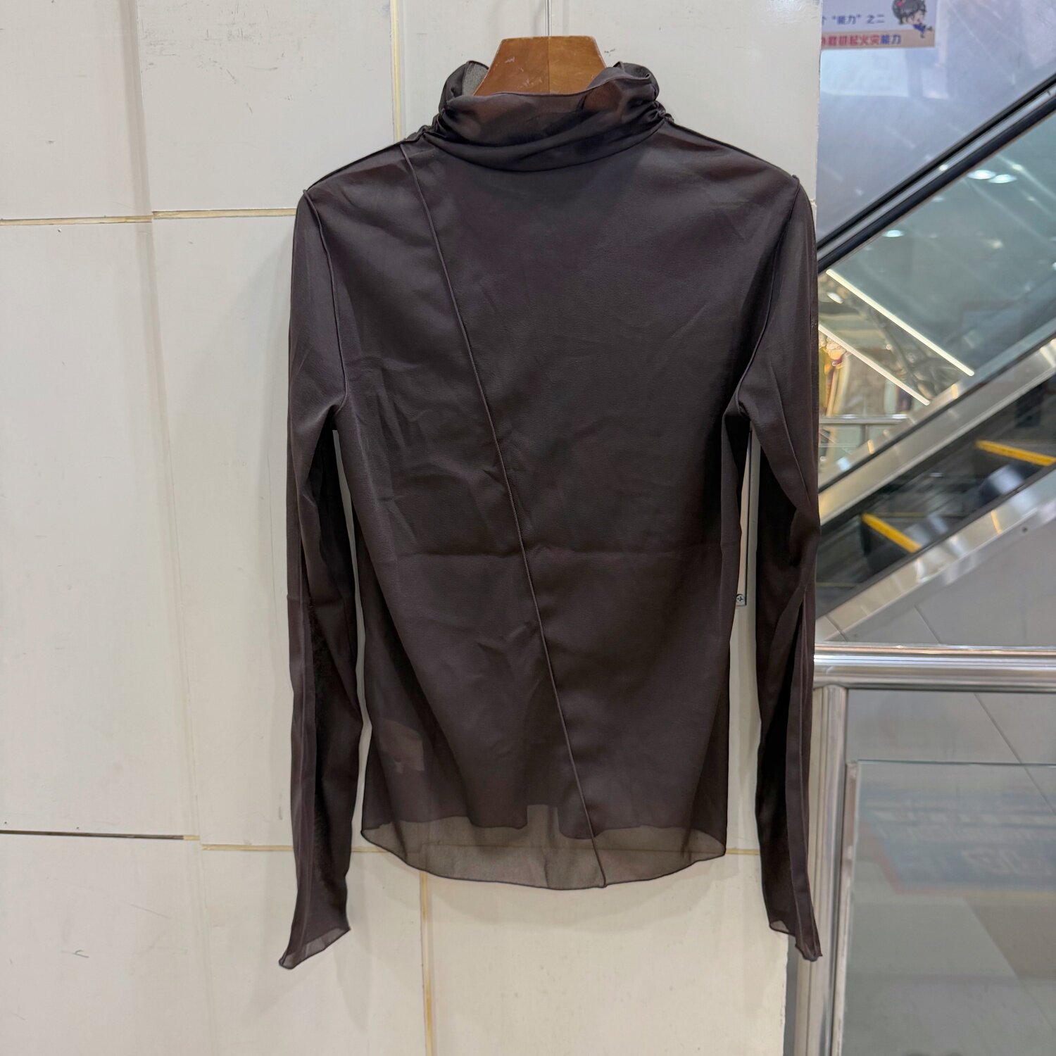 L69351 欧洲站斜条花苞半高领长袖性感透视百搭显瘦网布T恤小衫秋