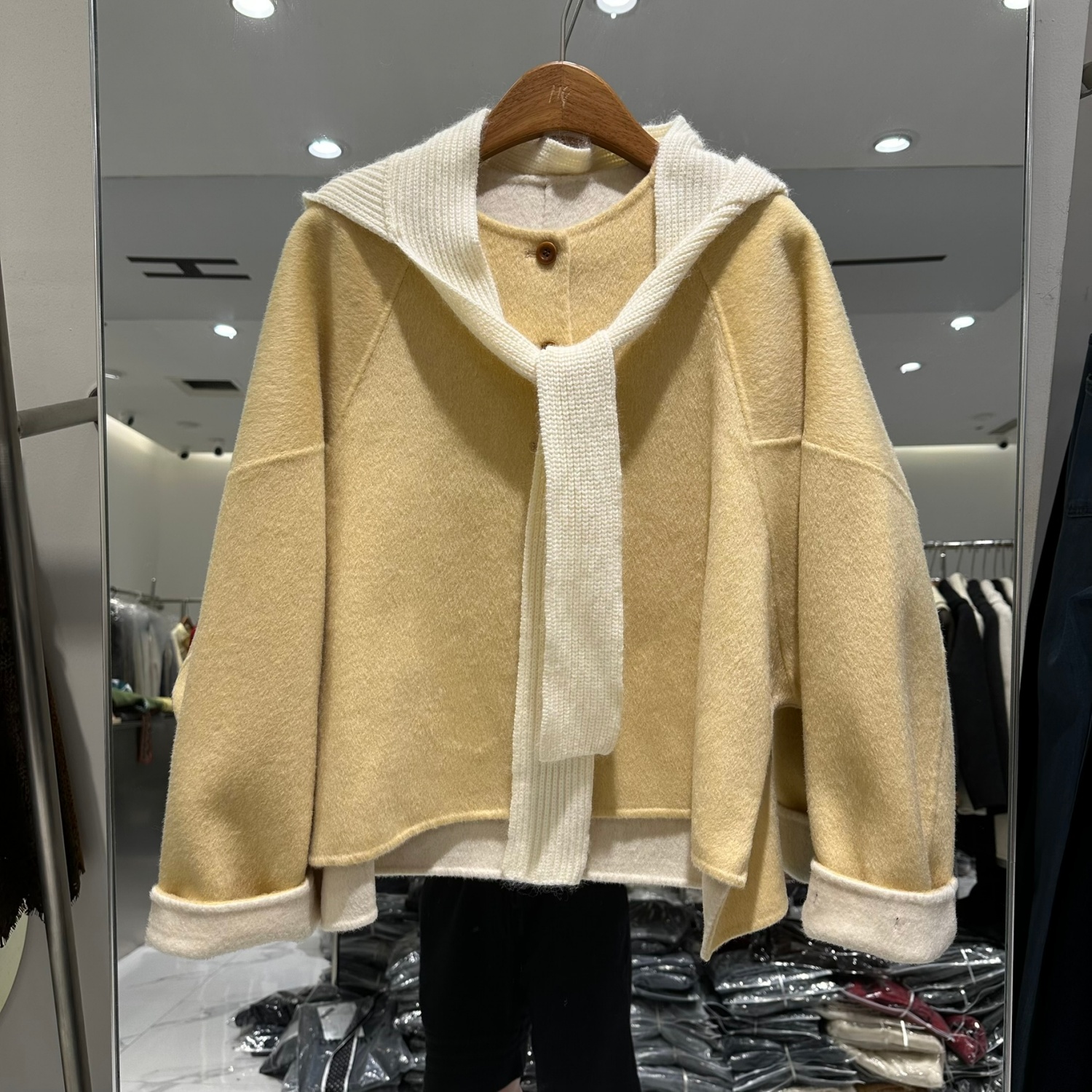 A832欧洲站2025秋时尚针织连帽单排扣短款双面羊毛大衣百搭外套女