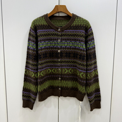 389-9133欧洲站2025冬新款单排扣圆领条纹民族风休闲羊毛针织开衫