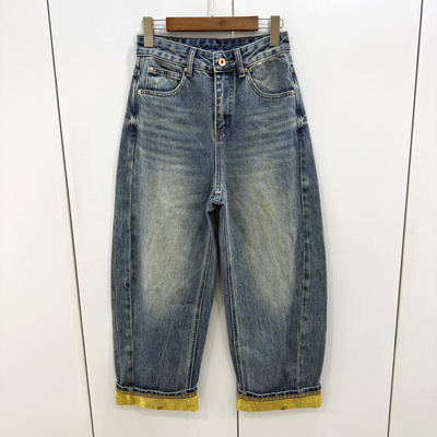 NZ25976 欧洲站2026春一粒扣高腰复古撞色花卷裤脚休闲牛仔裤垮裤