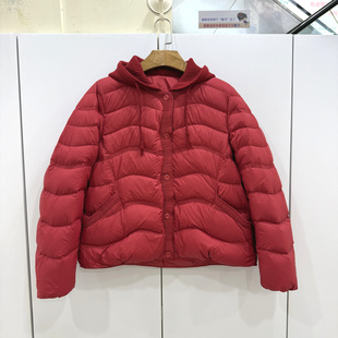 88013欧洲站25冬门禁单排按扣针织飘带连帽水波纹短装羽绒服外套