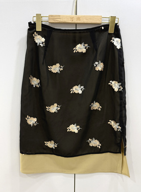 k866欧货高腰显瘦重工亮片花朵刺绣拼接半身裙侧开叉天丝A字裙春