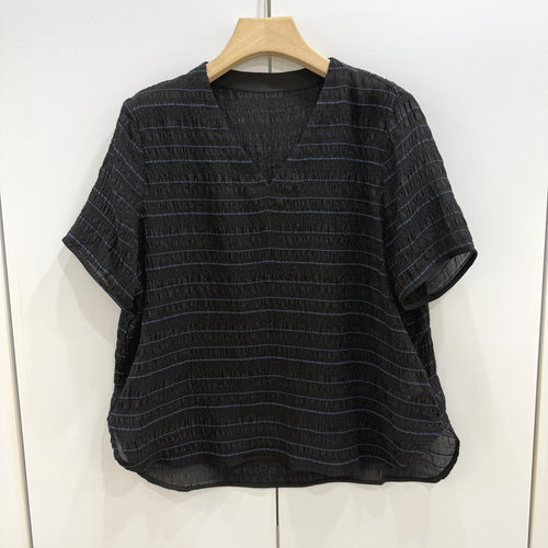 F7617 欧洲站26夏季新款通勤风V领褶皱短袖条纹宽松显瘦百搭衬衫