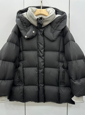 202508欧洲站2025冬新款时尚连帽拼接针织立领袖口保暖羽绒服外套