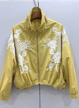 MX26178欧洲站26春时尚抽绳立领宽松显瘦刺绣花小个短款夹克外套